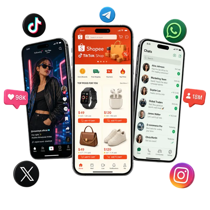 三台云手机并排运行 TikTok、Shopee 与 WhatsApp 的界面示意