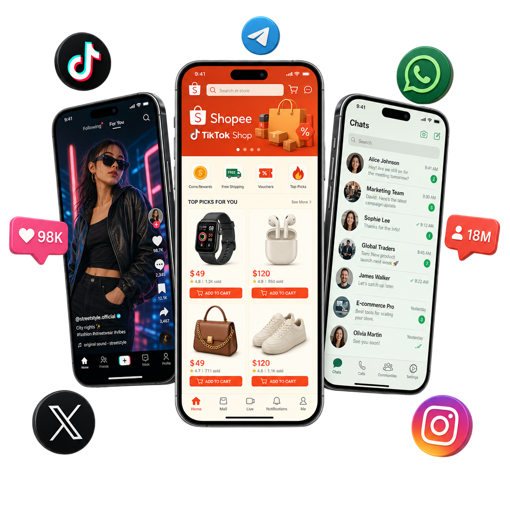 三台云手机并排运行 TikTok、Shopee 与 WhatsApp 的界面示意